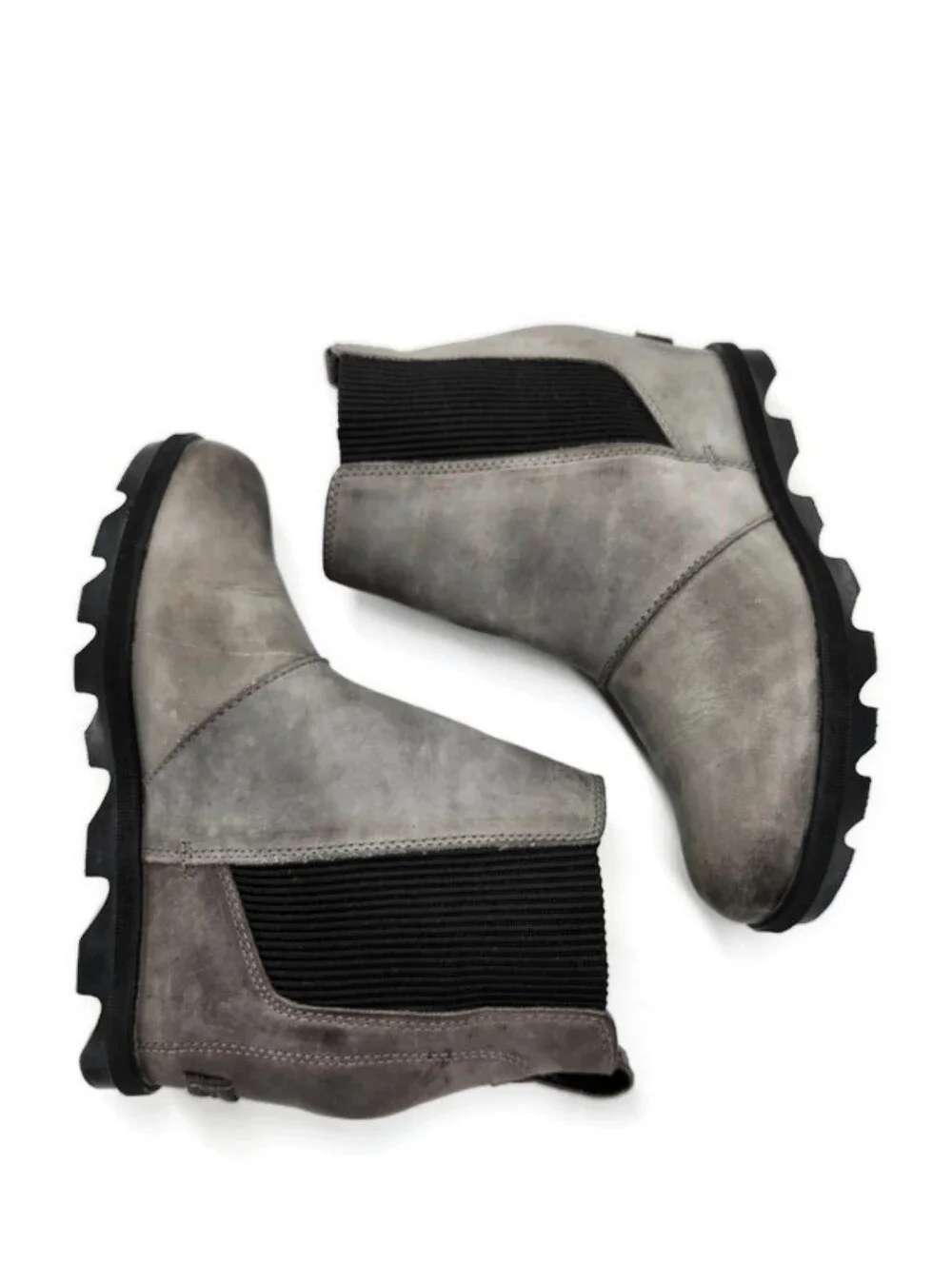 Sorel Joan of Arctic Grey Leather Waterproof Pull-On Lug-Sole Wedge Heel Boots